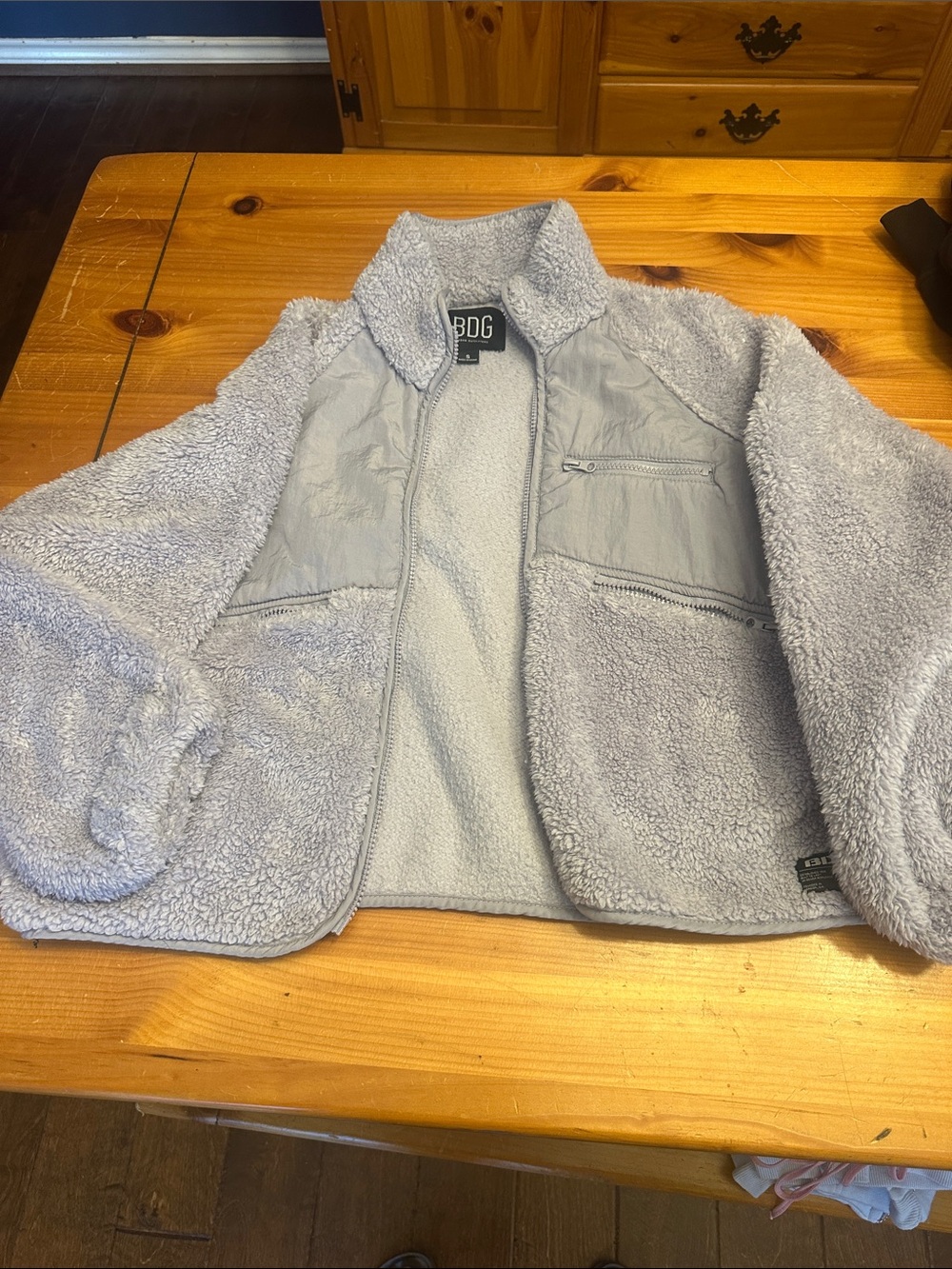 BDG Light Gray Sherpa Puffer Jacket with Zip Pockets
